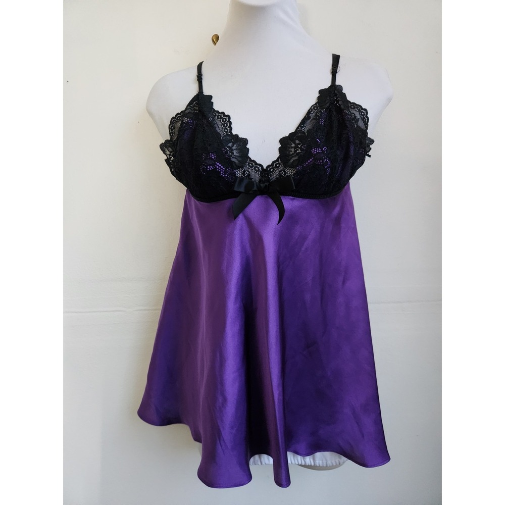 In Bloom by Jonquil Satin Chemise Purple Small Black Lace Babydoll Slip Lingerie